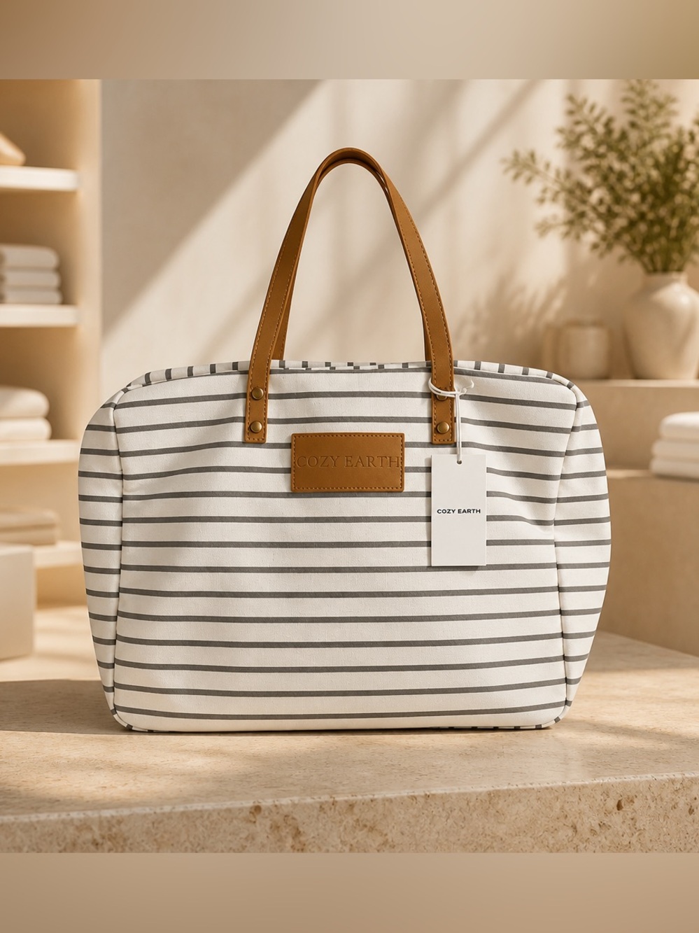 NWT Cozy Earth White Gray Striped Large Canvas Tote Leather Handles